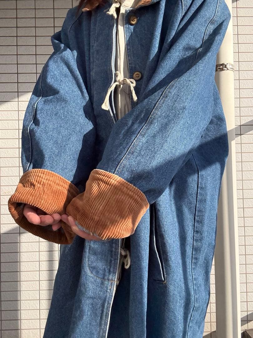 90s デニムロングコート　襟切替 コーデュロイ