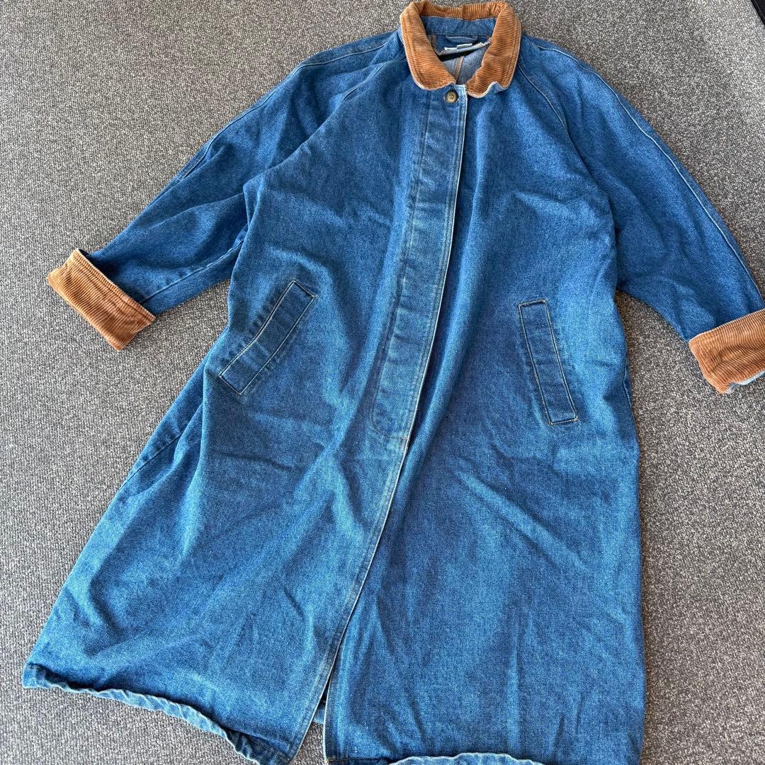 90s デニムロングコート　襟切替 コーデュロイ