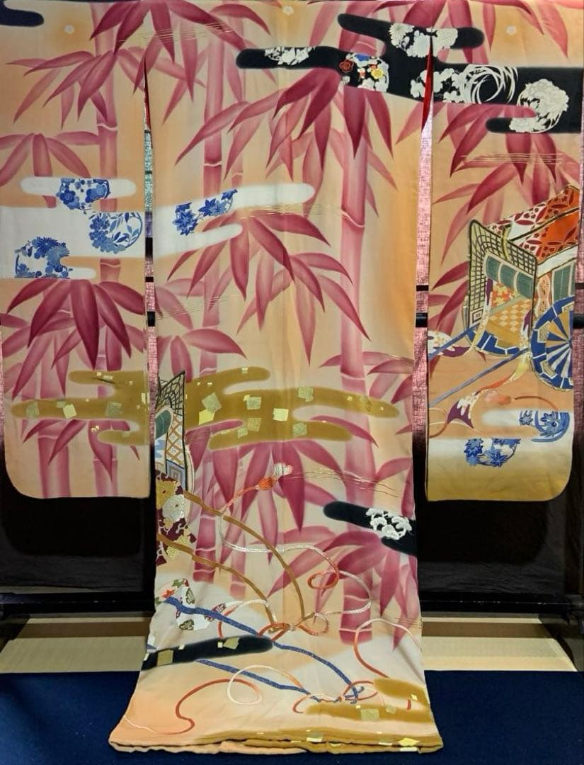 アンティーク振袖 竹に御所車文様振袖ヴィンテージリメイク正絹