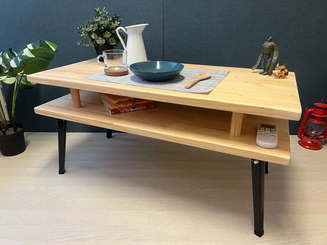 【在庫整理】 ローテーブル 長方形 収納付き 90cm パイン 折りたたみ脚
