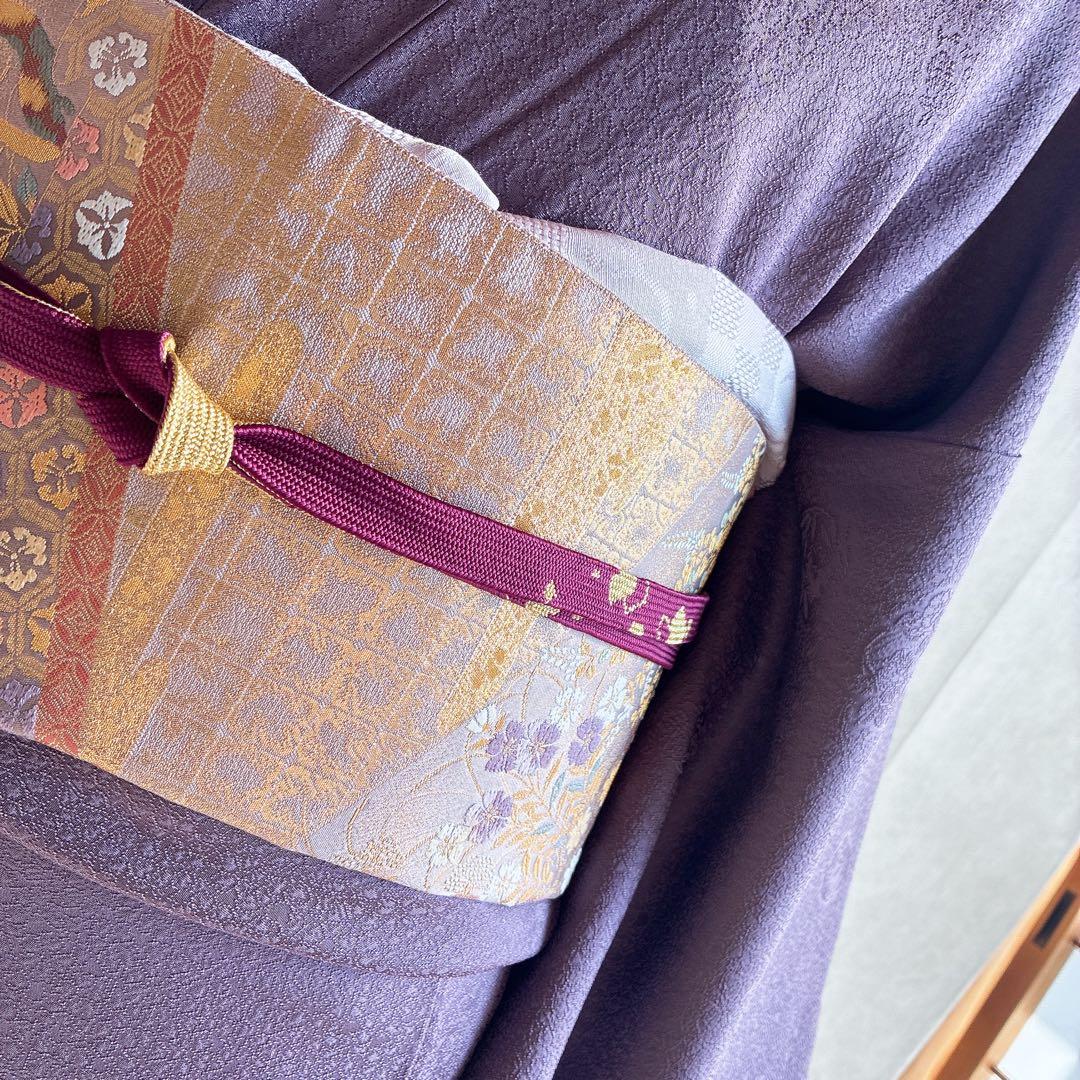 色無地　フルセット　着物　正絹　しつけ糸付き　紫　花丸文様　G8