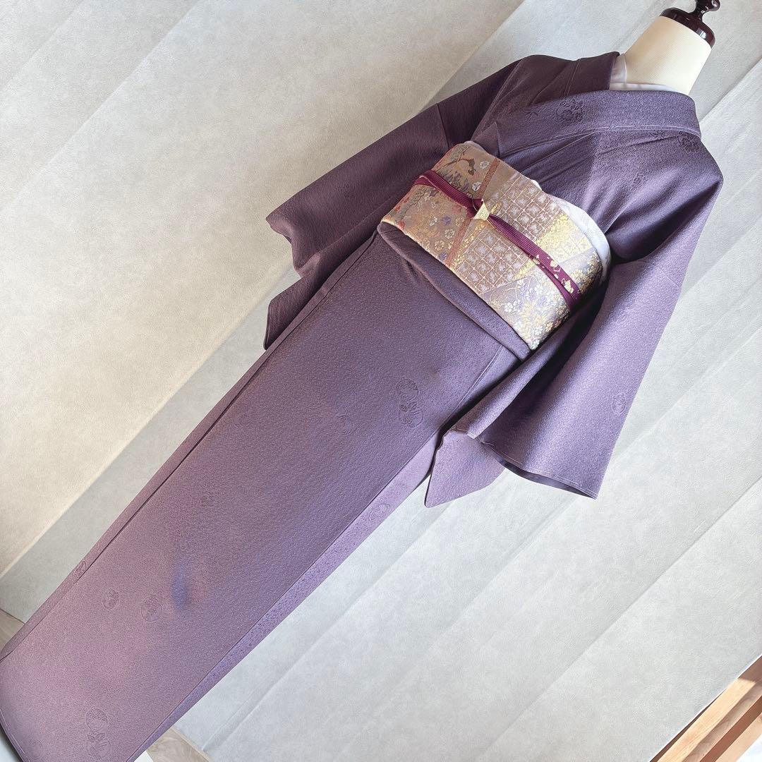 色無地　フルセット　着物　正絹　しつけ糸付き　紫　花丸文様　G8