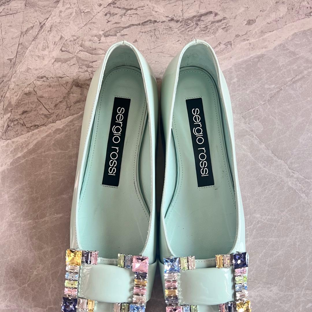 セルジオロッシ パテントレザー パンプス 35 グリーン バックル ビジュー