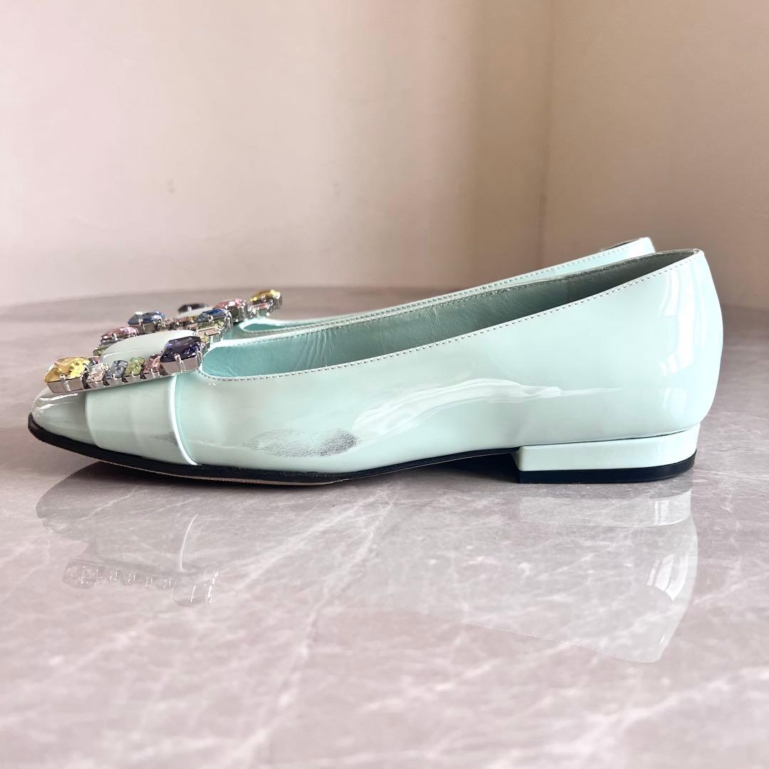 セルジオロッシ パテントレザー パンプス 35 グリーン バックル ビジュー