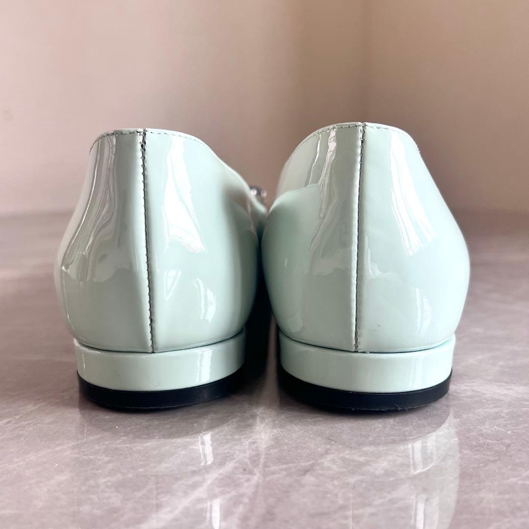 セルジオロッシ パテントレザー パンプス 35 グリーン バックル ビジュー