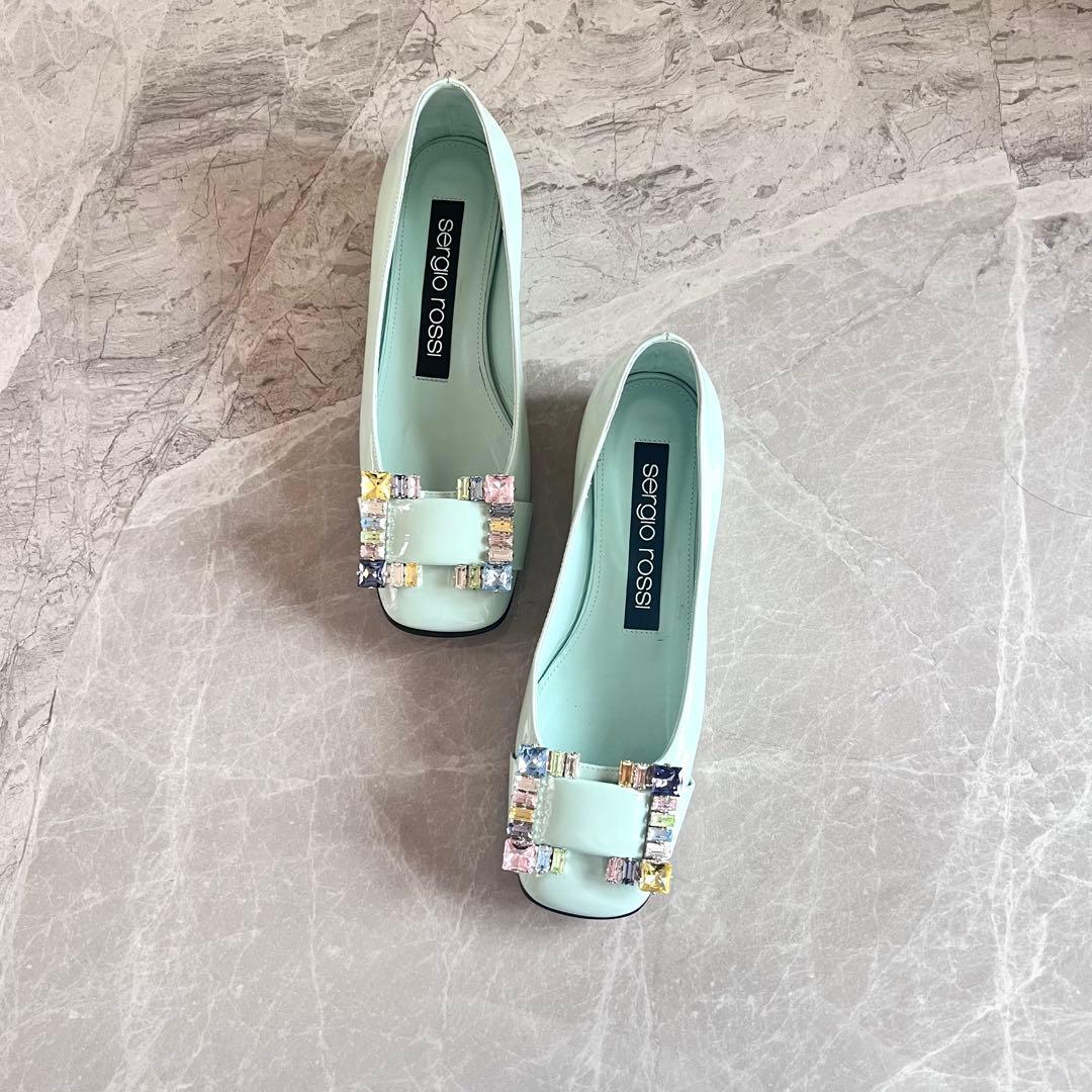 セルジオロッシ パテントレザー パンプス 35 グリーン バックル ビジュー