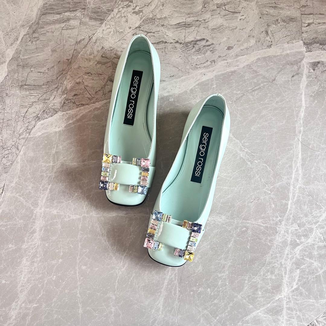 セルジオロッシ パテントレザー パンプス 35 グリーン バックル ビジュー