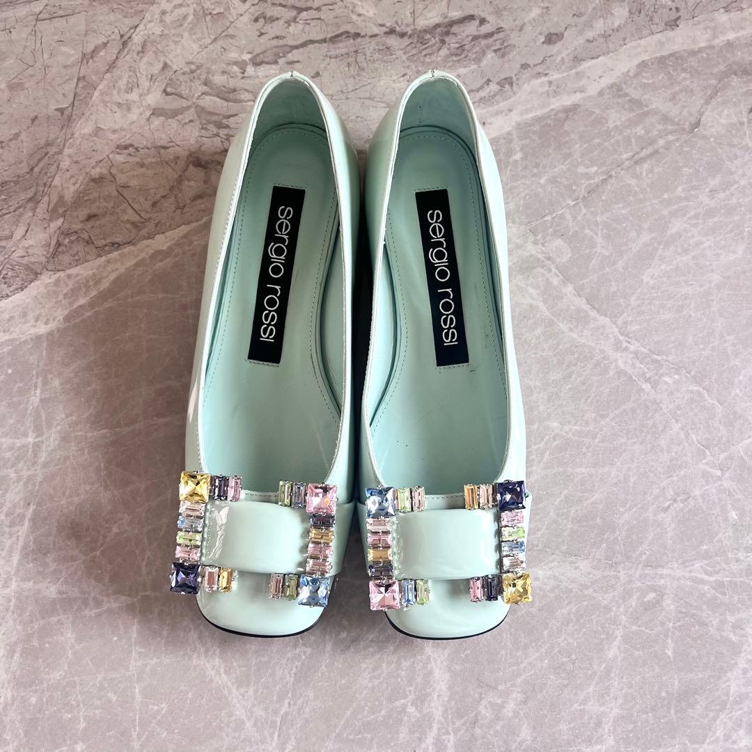 セルジオロッシ パテントレザー パンプス 35 グリーン バックル ビジュー