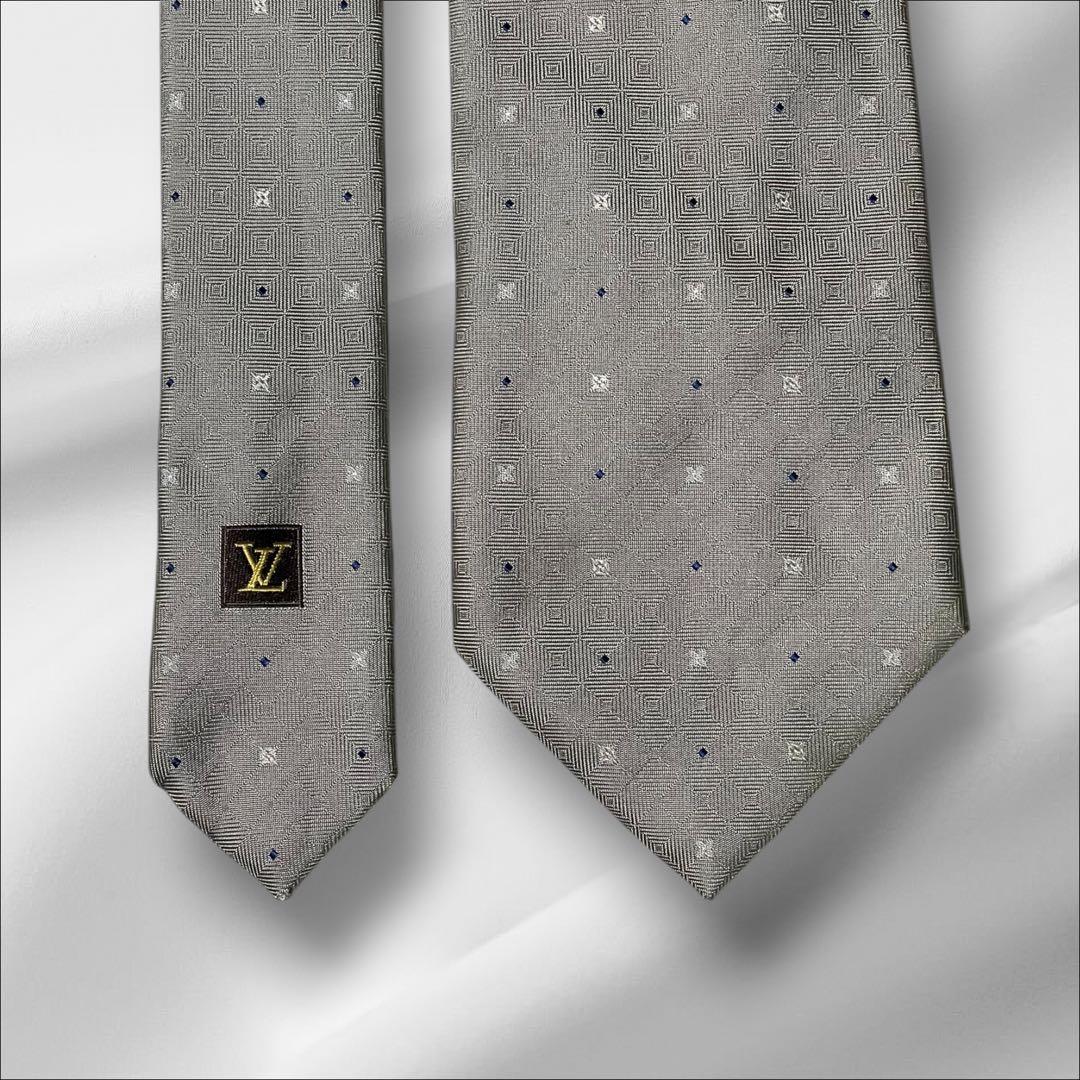 【超美品】ルイヴィトン 総柄 シンプル グレー ネイビー メンズ ネクタイ