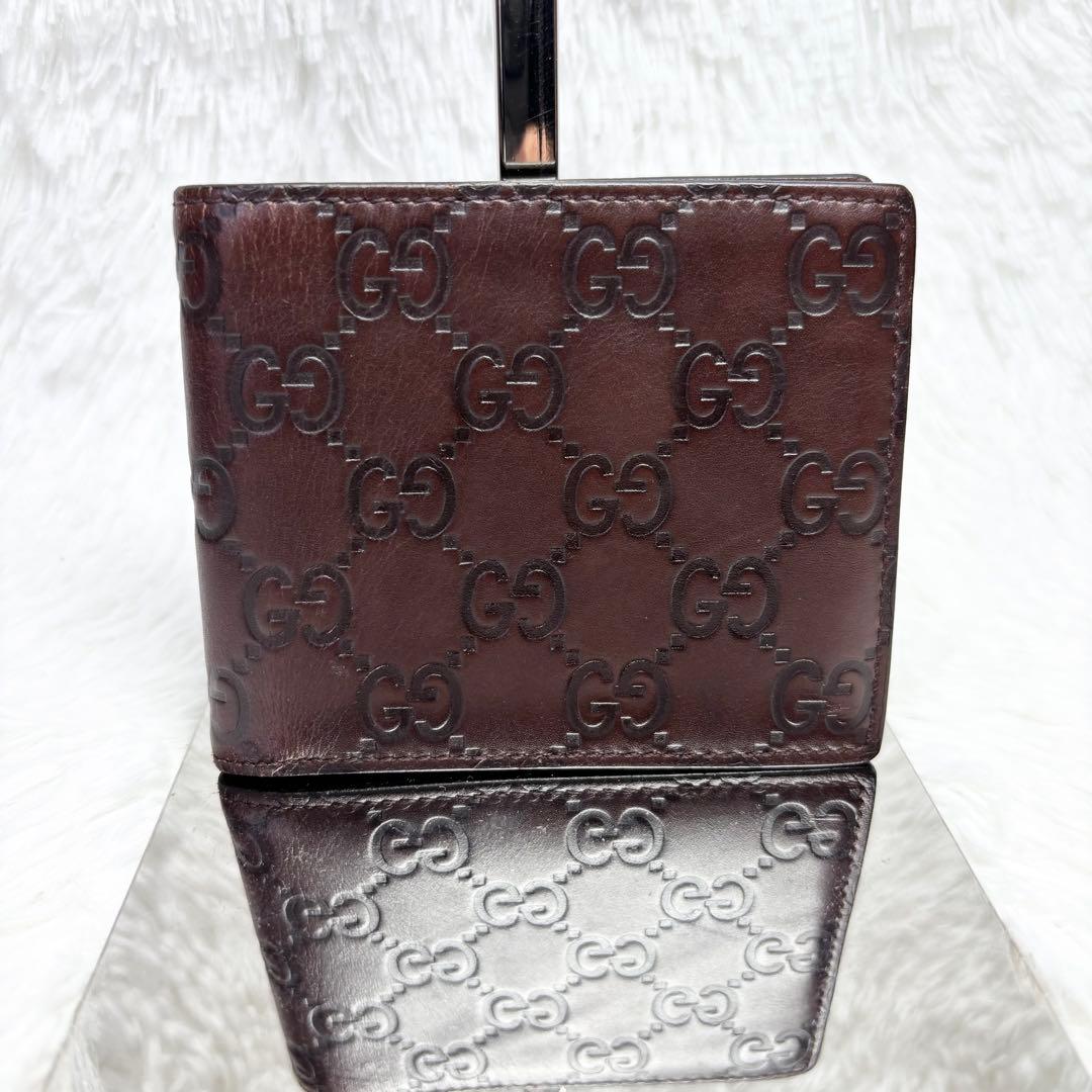✨美品✨ グッチ シマ 二つ折り財布 お札入れ GG柄 ブラウン 茶 レザー