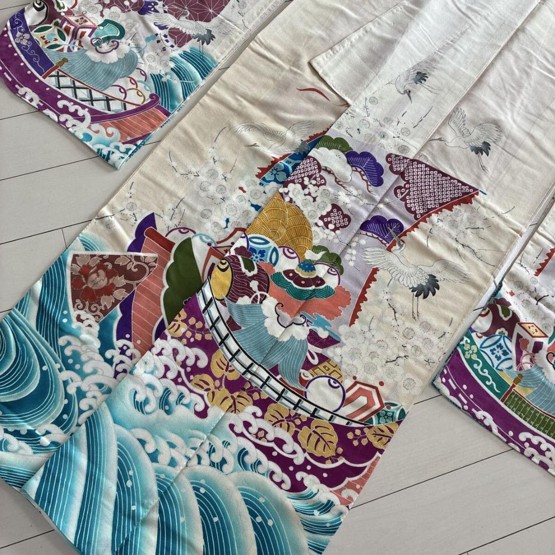 ■E5029■アンティーク■正絹縮緬■大正ロマン　五つ紋　宝船と鶴柄　袷　振袖■