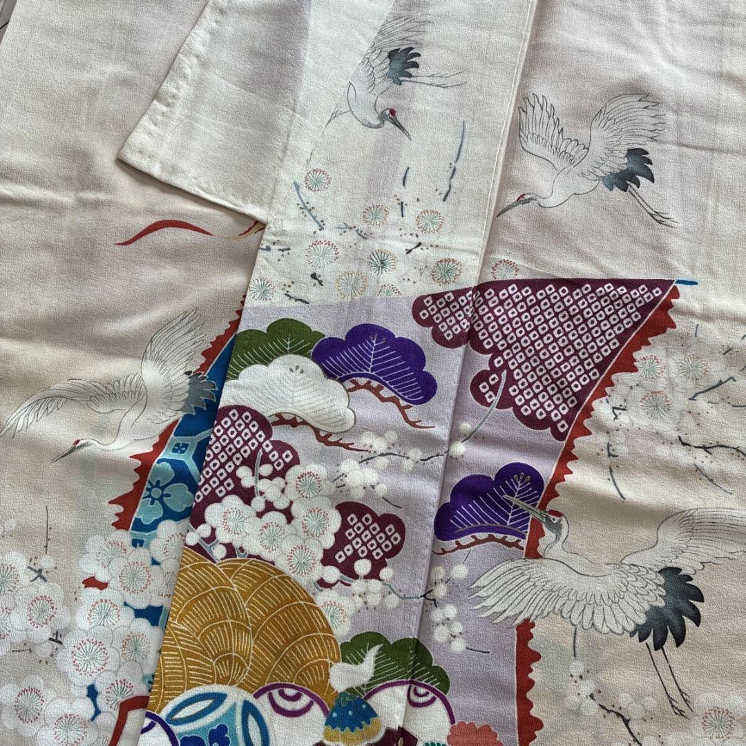 ■E5029■アンティーク■正絹縮緬■大正ロマン　五つ紋　宝船と鶴柄　袷　振袖■