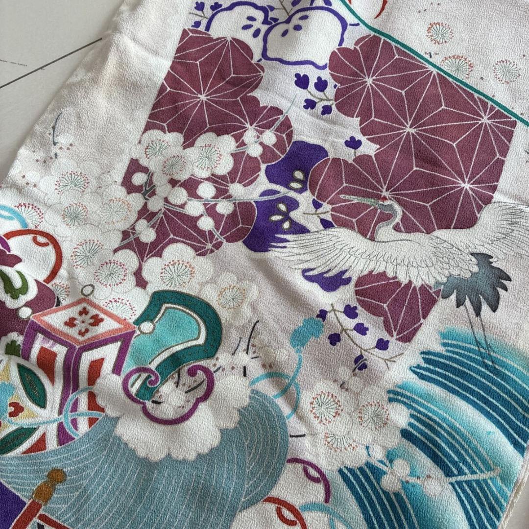 ■E5029■アンティーク■正絹縮緬■大正ロマン　五つ紋　宝船と鶴柄　袷　振袖■