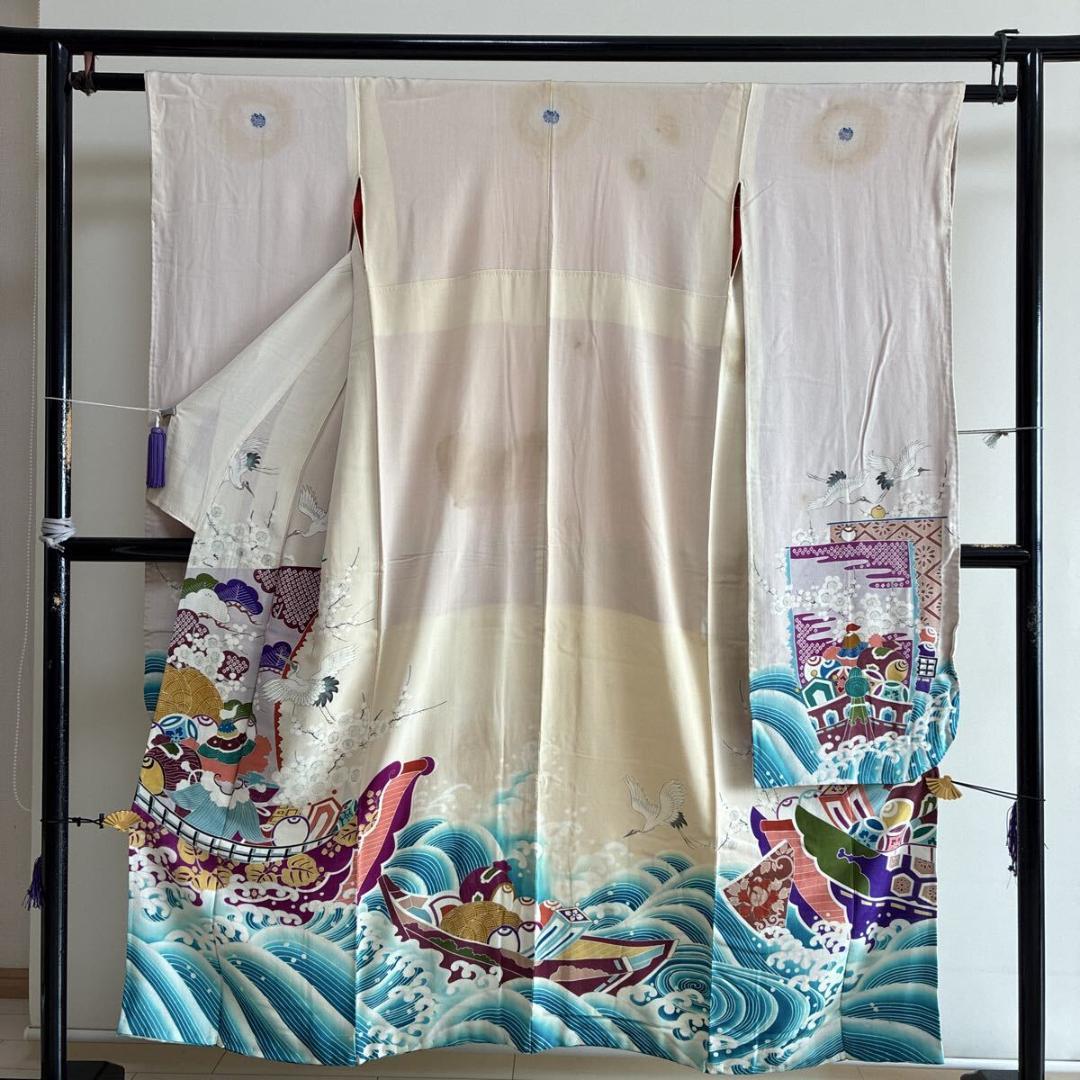 ■E5029■アンティーク■正絹縮緬■大正ロマン　五つ紋　宝船と鶴柄　袷　振袖■