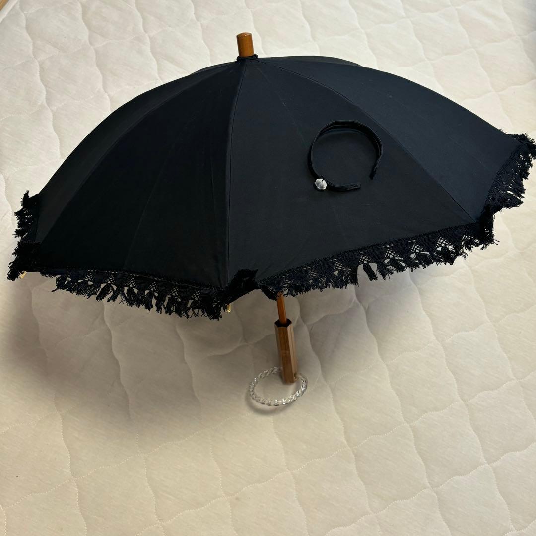 【大森商店】日傘 フリンジ大40cm 黒(傘袋付き）