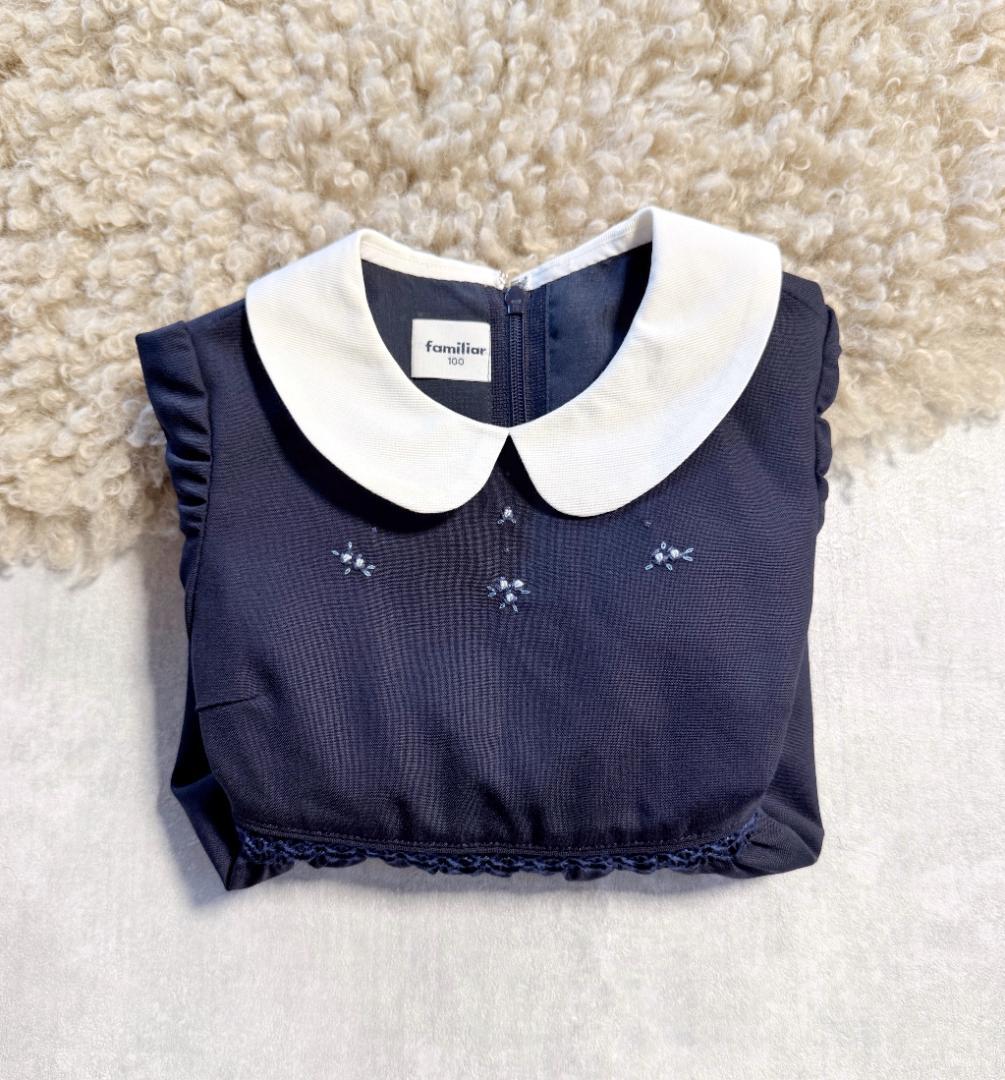 現行品　ファミリア お受験 ワンピース 100 濃紺 半袖 丸襟