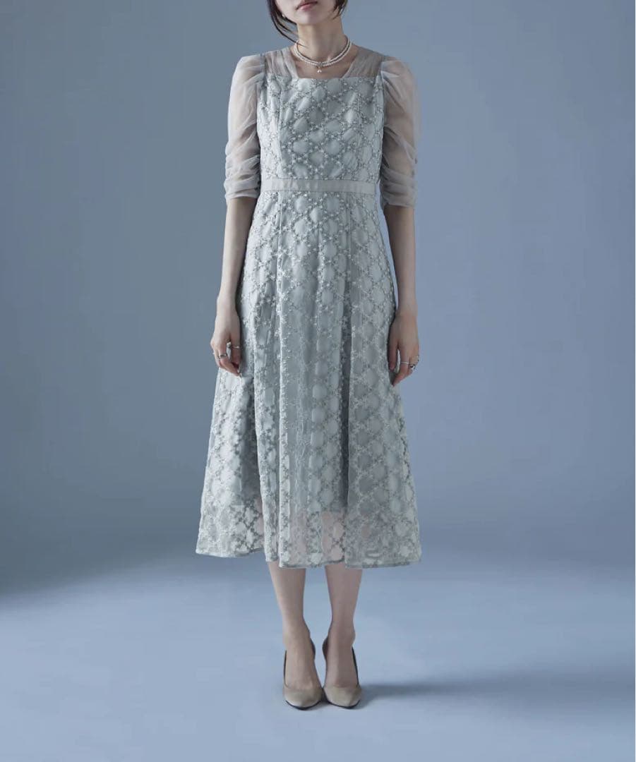 Floral diagonal check flare dress グレー