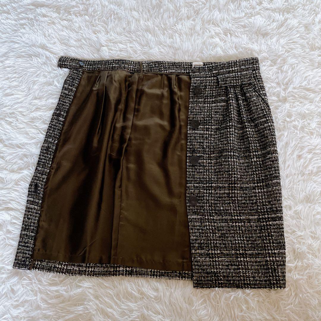 希少✨美品【エルメス】カシミヤウールツイードラップスカート シルク ブラウン34