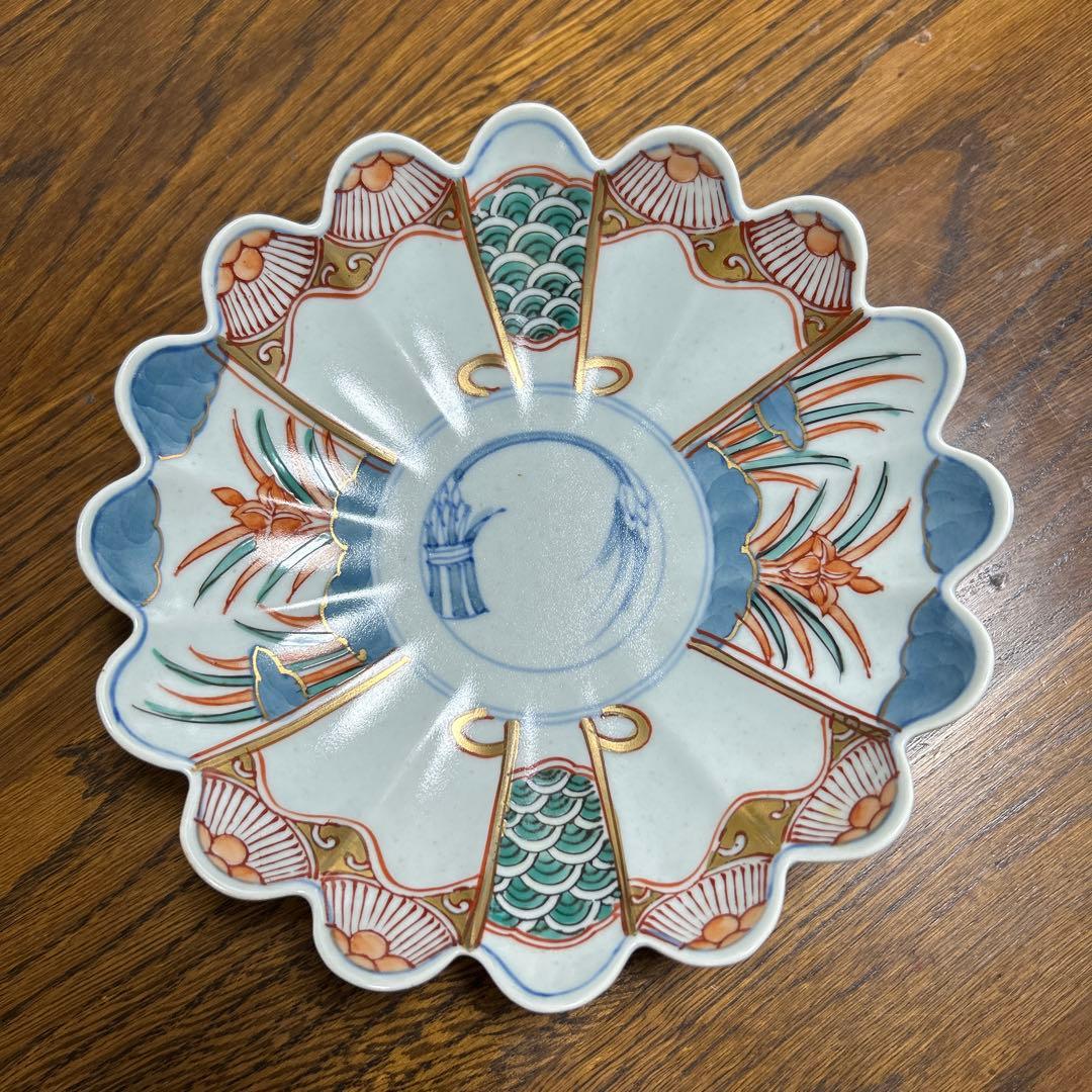 有田焼 文青窯 錦菖蒲 菊型 磁器 皿 古伊万里 金彩　5枚