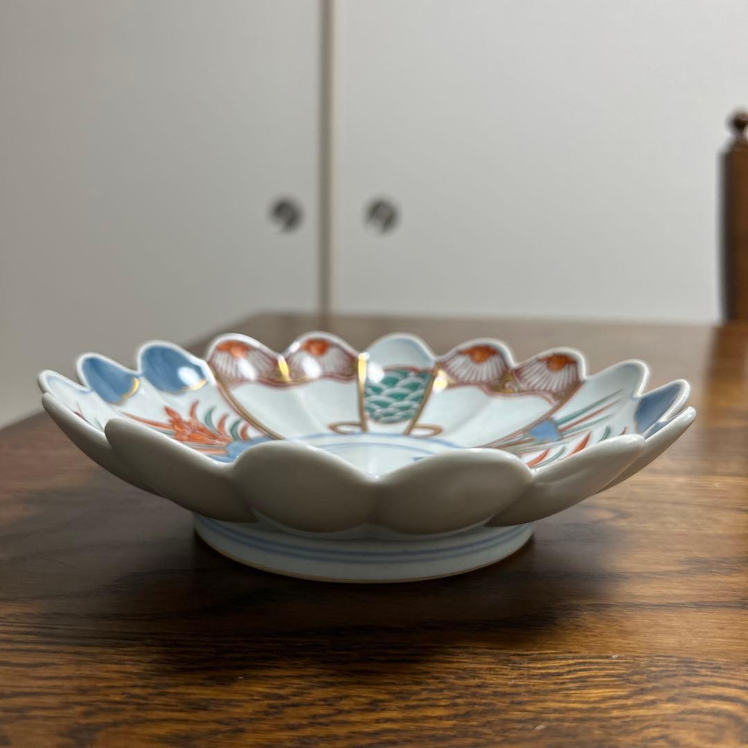 有田焼 文青窯 錦菖蒲 菊型 磁器 皿 古伊万里 金彩　5枚