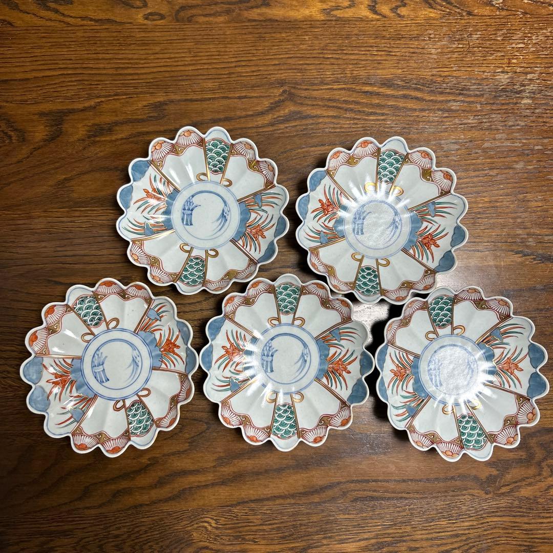 有田焼 文青窯 錦菖蒲 菊型 磁器 皿 古伊万里 金彩　5枚