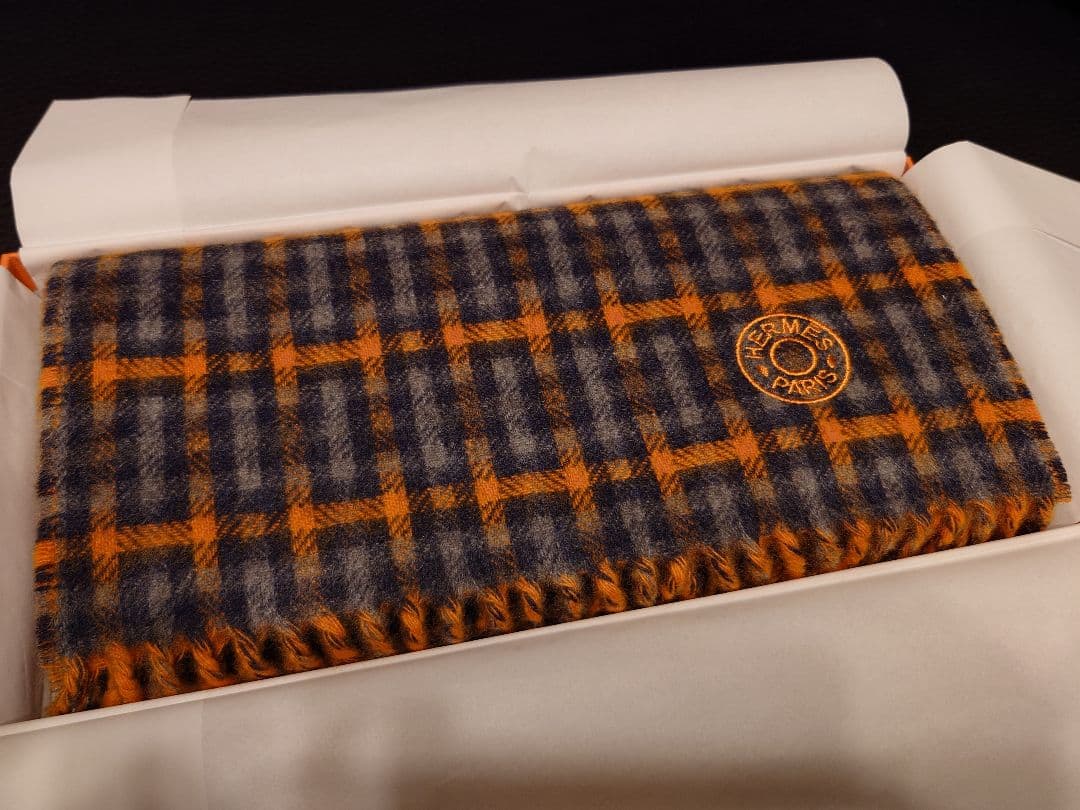 HERMES エルメス カシミアマフラーＨエコセ・レクトヴェルソオレンジ／グレー