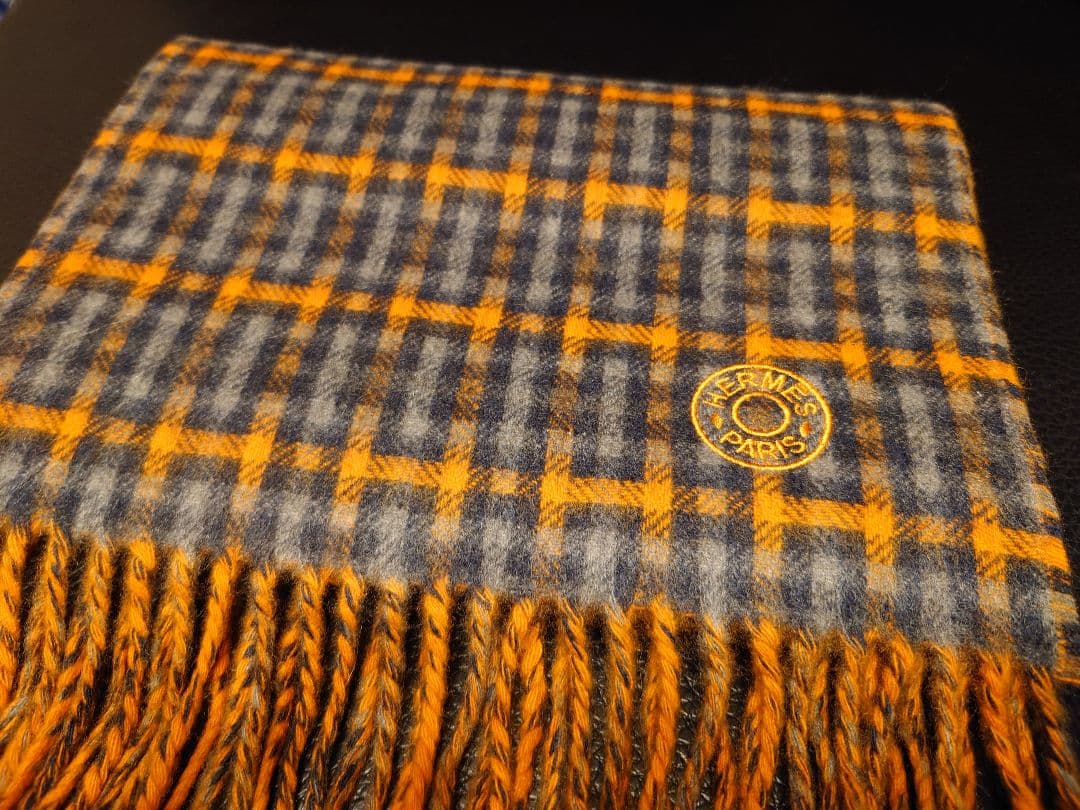 HERMES エルメス カシミアマフラーＨエコセ・レクトヴェルソオレンジ／グレー
