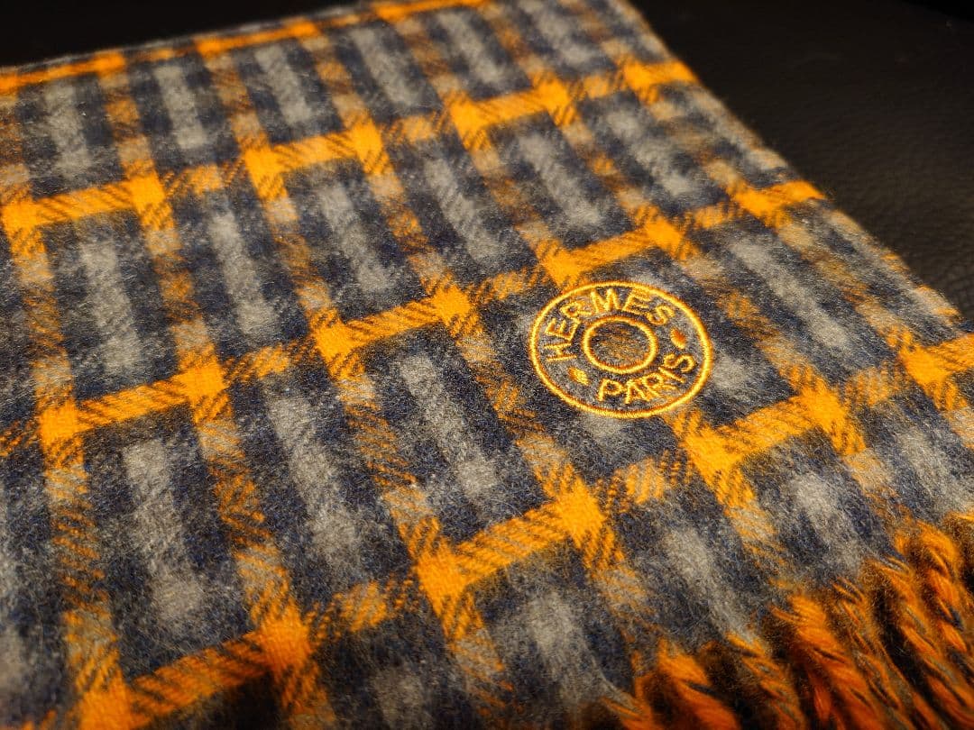 HERMES エルメス カシミアマフラーＨエコセ・レクトヴェルソオレンジ／グレー