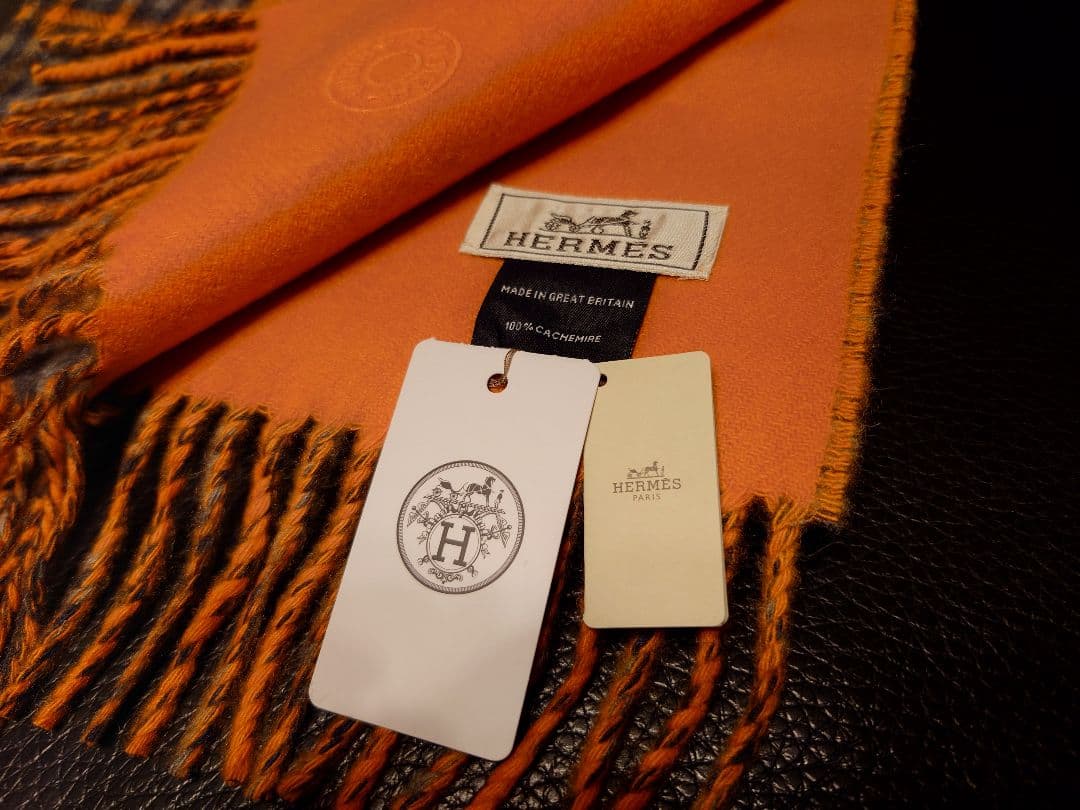 HERMES エルメス カシミアマフラーＨエコセ・レクトヴェルソオレンジ／グレー