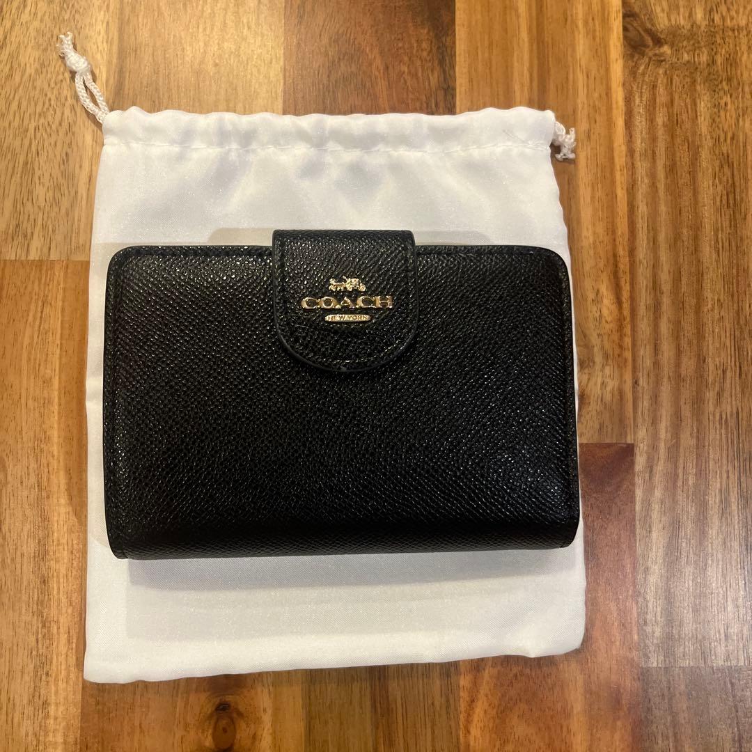 【美品】COACH コーチ 二つ折り財布 ブラック レザー