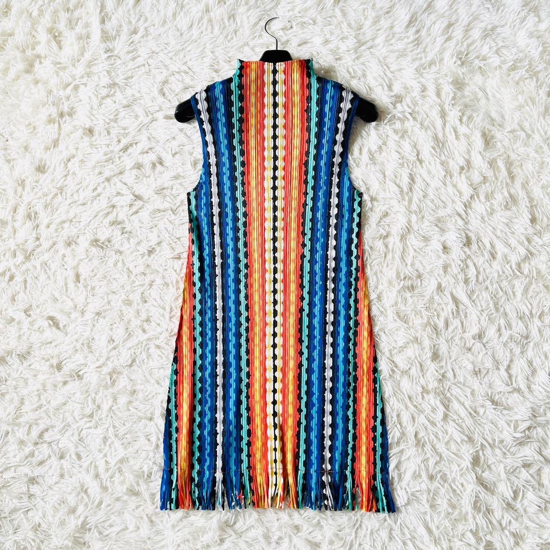 【美品✨】プリーツプリーズ　チュニック　ハイネック　フリンジ　ウェーブ柄　3