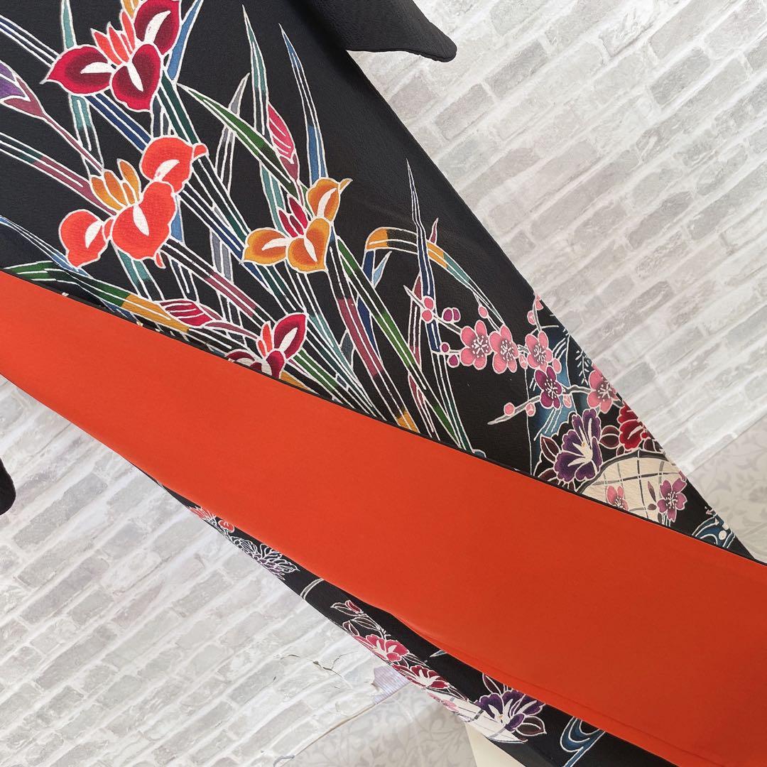 訪問着　フルセット　型染め風　四季草花　黒地　Q5