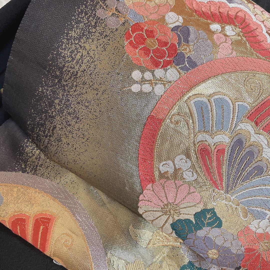 訪問着　フルセット　型染め風　四季草花　黒地　Q5