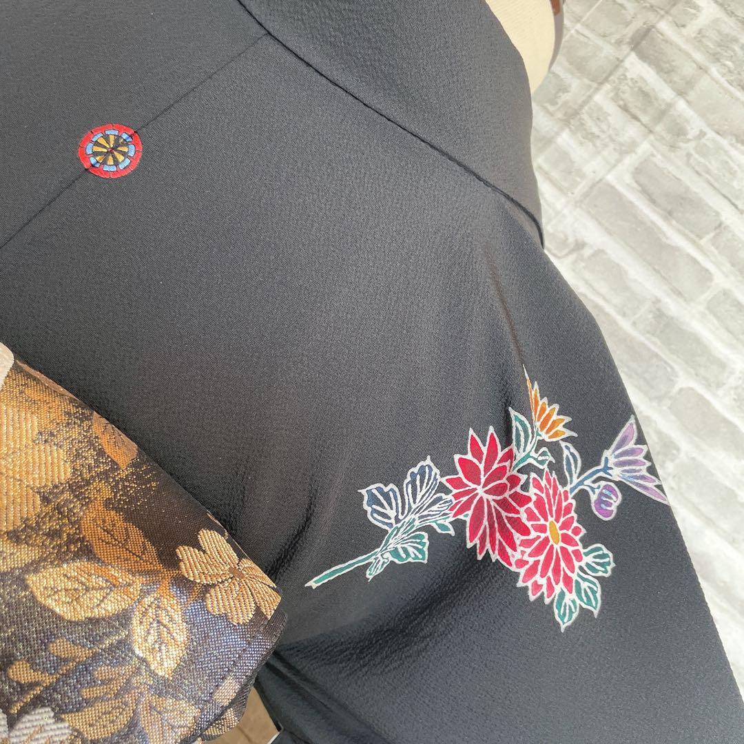 訪問着　フルセット　型染め風　四季草花　黒地　Q5