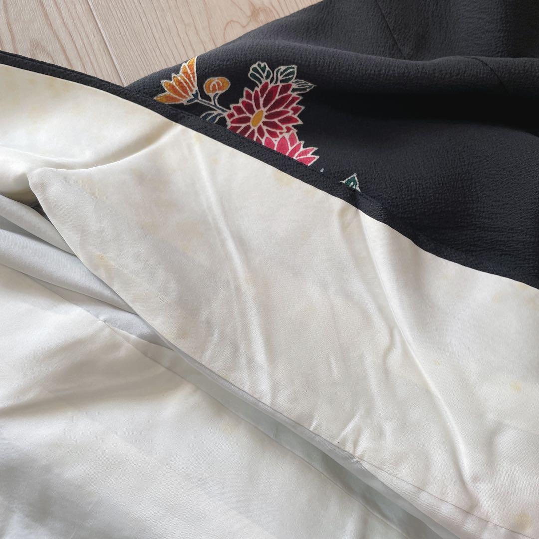 訪問着　フルセット　型染め風　四季草花　黒地　Q5