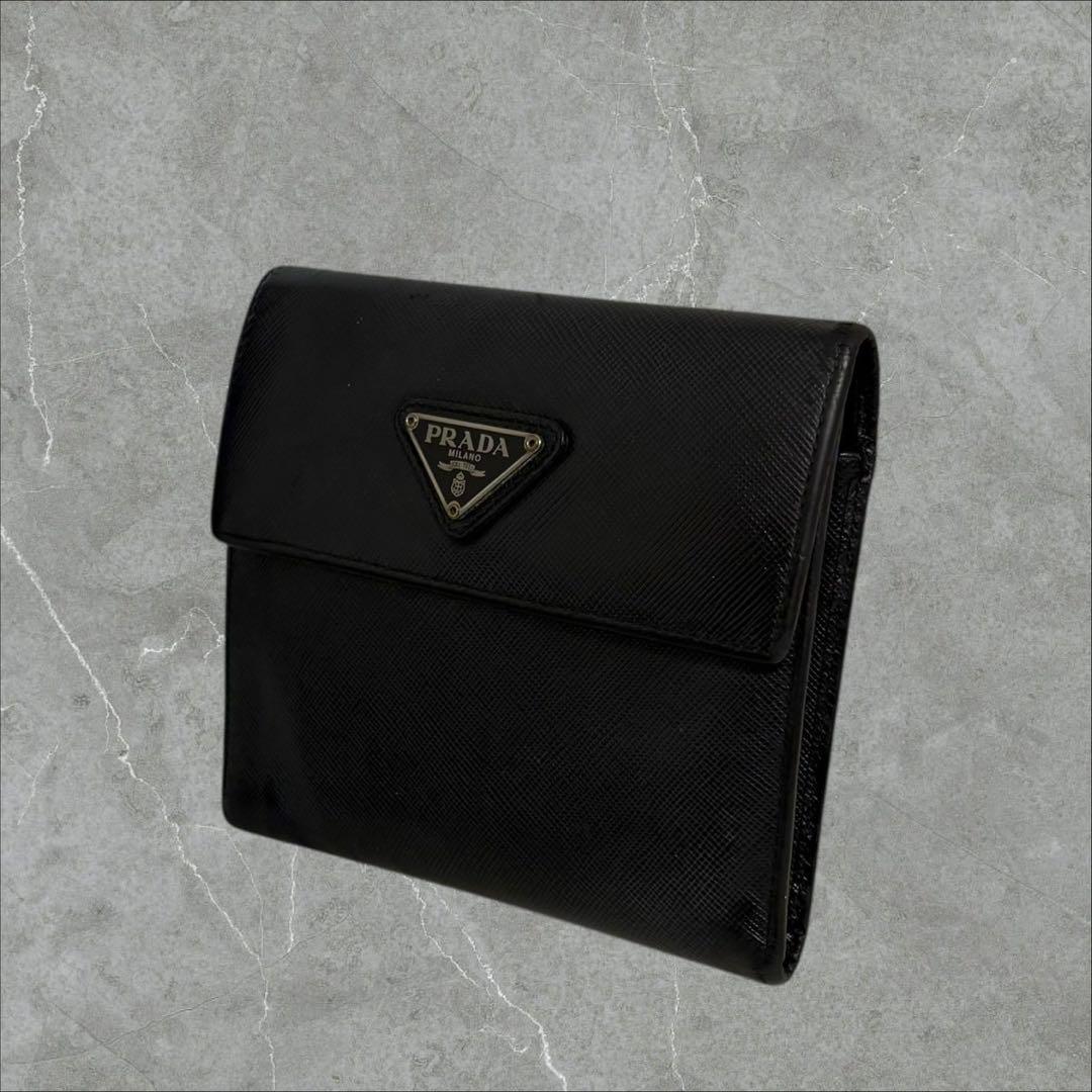 美品✨ PRADA プラダ 三つ折り財布 サフィアーノ ブラック 三角ロゴ