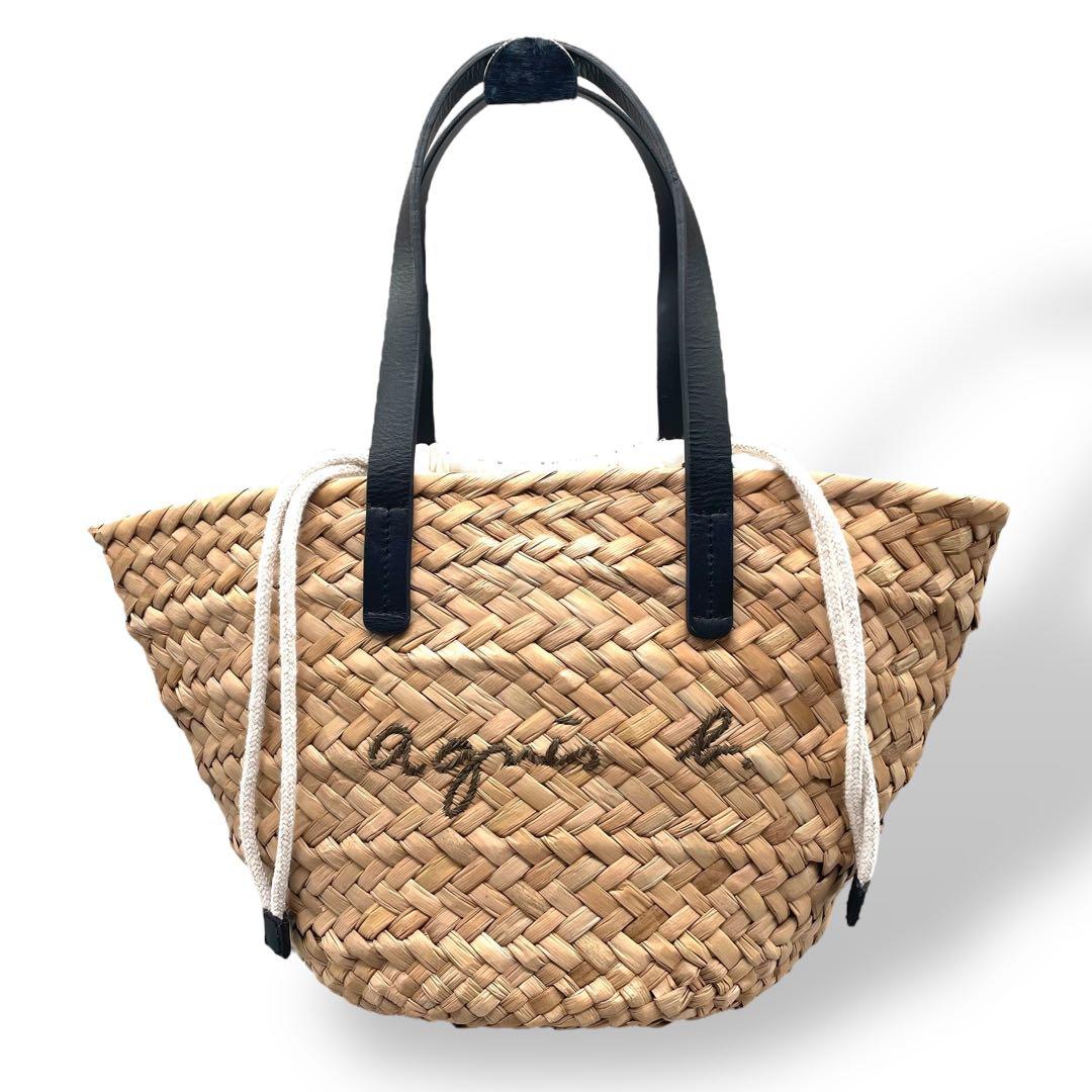 美品 agnes b. アニエスベー☆ロゴ刺繍 かごバッグ トート