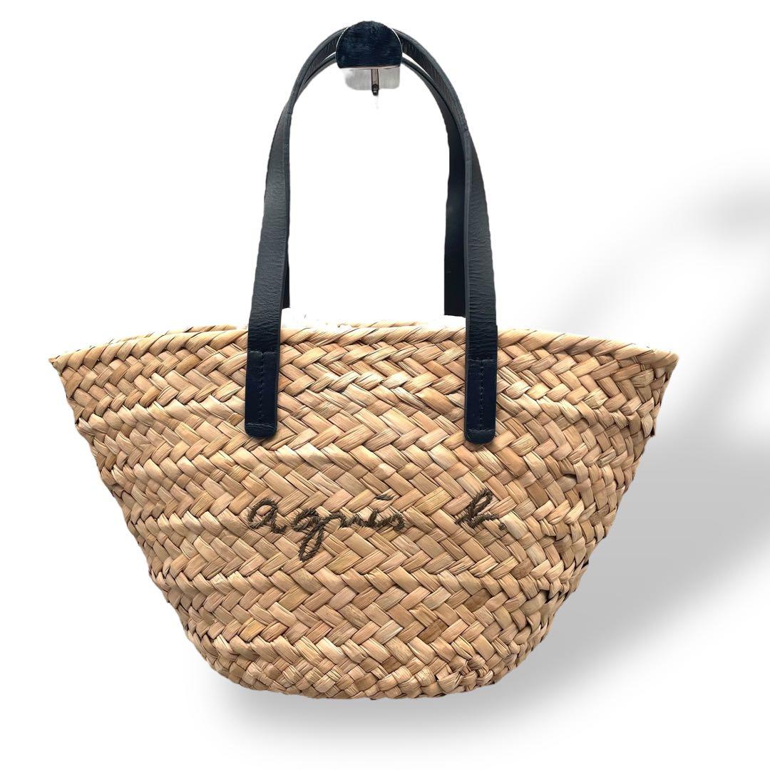 美品 agnes b. アニエスベー☆ロゴ刺繍 かごバッグ トート