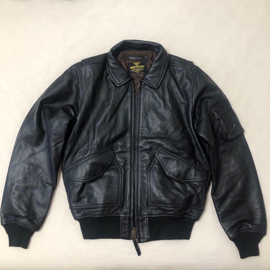 極美品HOUSTONヒューストンCWU45Pフライトジャケット黒シープレザー本革