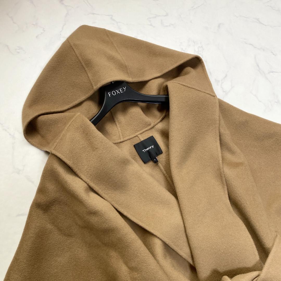 セオリー カシミヤ混 フード付きポンチョ ラップコート キャメルブラウン S