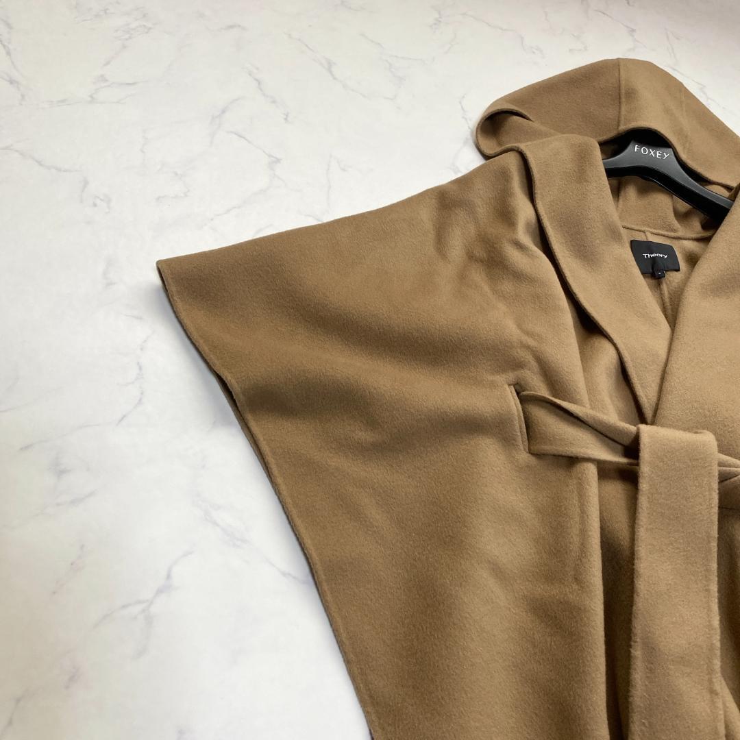 セオリー カシミヤ混 フード付きポンチョ ラップコート キャメルブラウン S