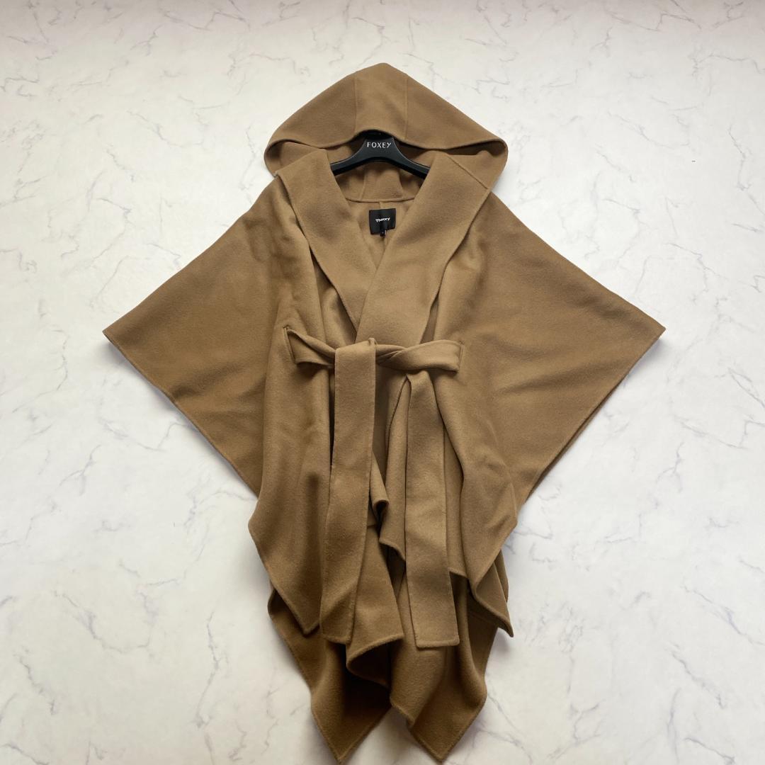 セオリー カシミヤ混 フード付きポンチョ ラップコート キャメルブラウン S