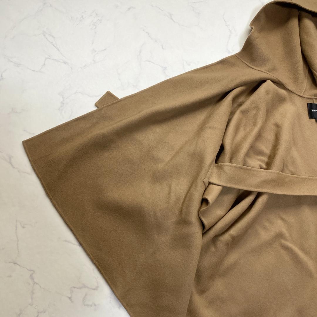 セオリー カシミヤ混 フード付きポンチョ ラップコート キャメルブラウン S