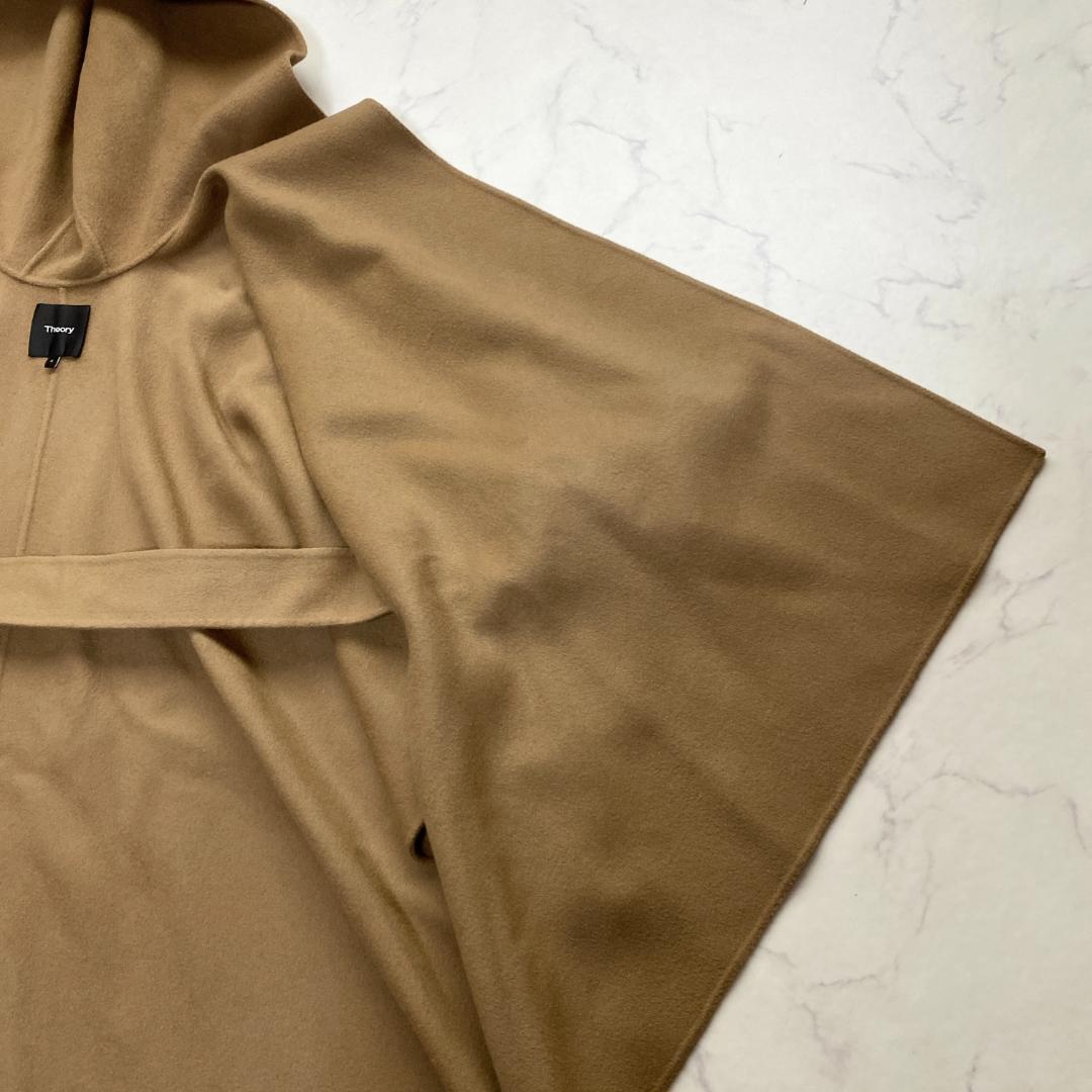 セオリー カシミヤ混 フード付きポンチョ ラップコート キャメルブラウン S