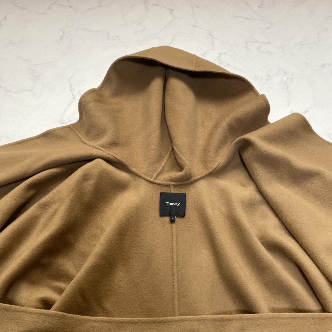セオリー カシミヤ混 フード付きポンチョ ラップコート キャメルブラウン S