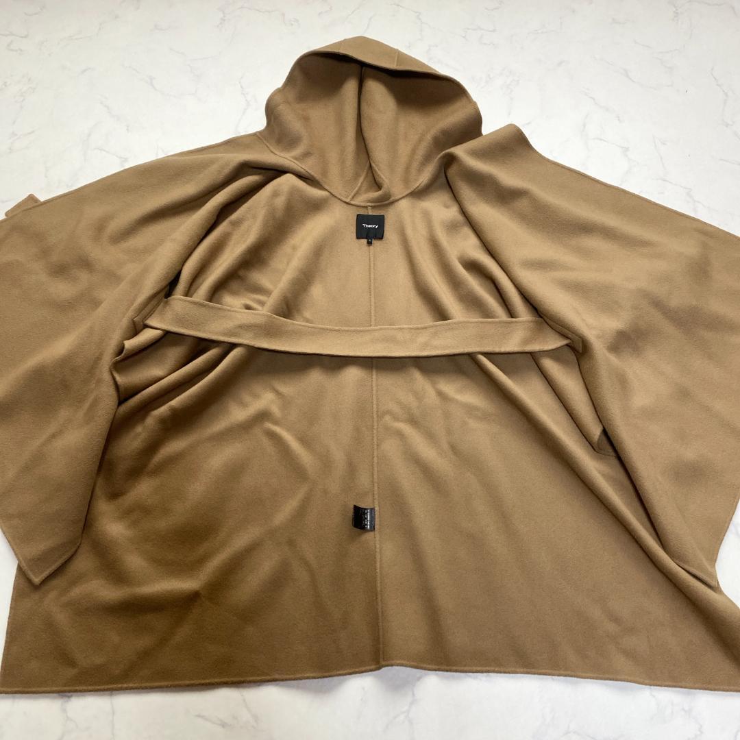 セオリー カシミヤ混 フード付きポンチョ ラップコート キャメルブラウン S
