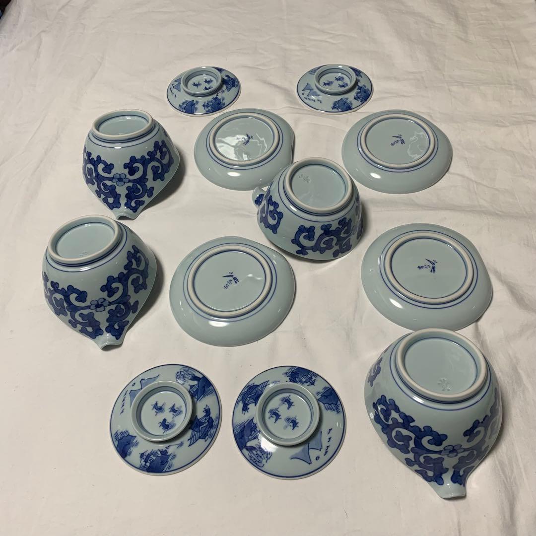 モモ 有田焼 青花山水図 蓋付き小鉢4客と豆皿セット