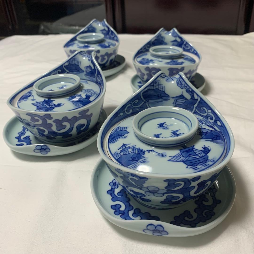 モモ 有田焼 青花山水図 蓋付き小鉢4客と豆皿セット