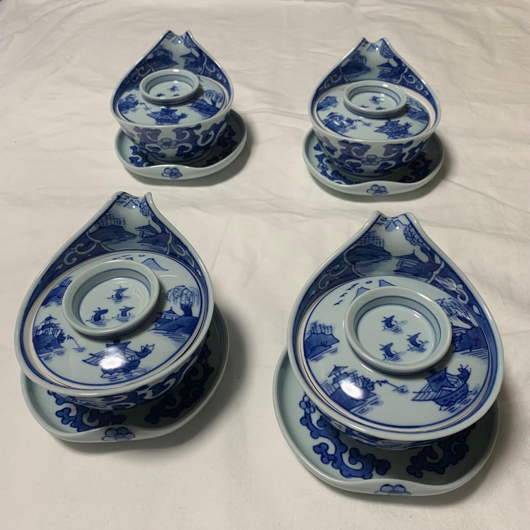 モモ 有田焼 青花山水図 蓋付き小鉢4客と豆皿セット