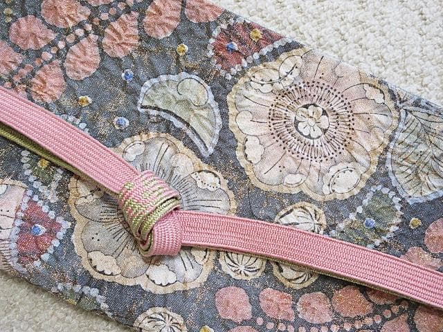 袋帯：辻が花 絞り：高級品：美品：作家印：ブルーグレー金糸織：N97